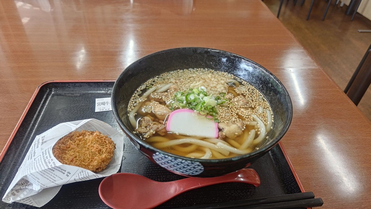 physicats's tweet photo. 熊本とか言いながら初手は宮崎の高千穂来てます。
塩鳥うどんと宮崎牛コロッケおいしい。 https://t.co/zynee0PE4i