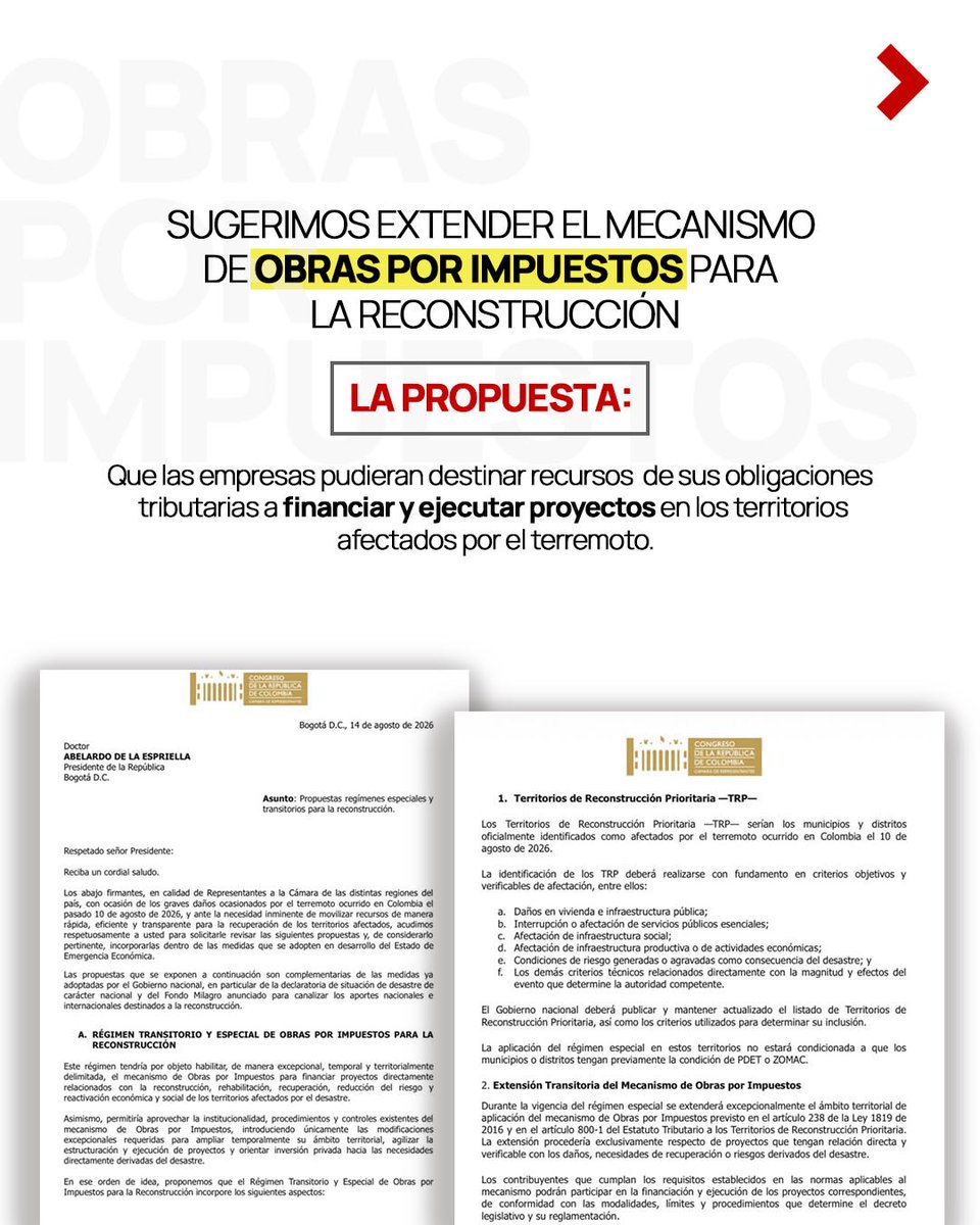 MateoHidalgoMon's tweet photo. Hoy, un mes después de la tragedia del 10 de agosto, tenemos una buena noticia para los territorios afectados.

Desde la bancada del @CDemocraticoCo Centro Democrático llevamos al Gobierno Nacional propuestas concretas para avanzar en la reconstrucción. Hoy podemos decir que el Gobierno escuchó: mediante el Decreto 1389 se formalizó el mecanismo de Obras por Impuestos, una herramienta que permitirá sumar esfuerzos para recuperar nuestros territorios.

Agradecemos al Gobierno Nacional por acoger esta propuesta. Seguimos haciendo gestión desde el Congreso para que la reconstrucción se convierta en una realidad. 🇨🇴