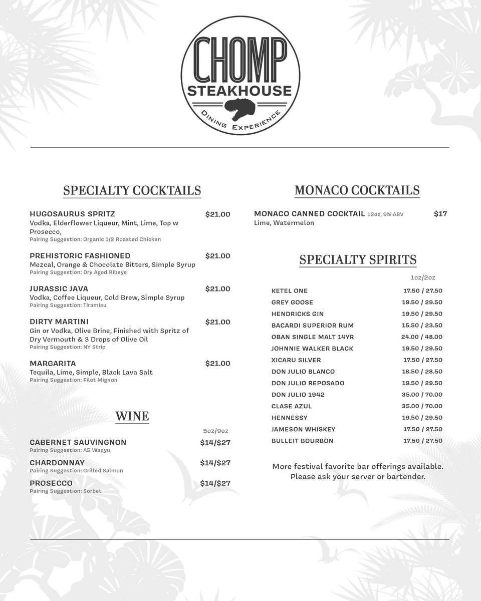 lost_lands's tweet photo. CHOMP presented by Monaco Cocktails, the exclusive Lost Lands steakhouse dining experience is back! 🦖

We’re excited to introduce full table service and reservations via OpenTable this year. There is a $60 per person minimum spend. This will be collected as a non-refundable deposit when you make your reservation, and applied toward the final bill.

Reservations open TOMORROW, Friday, September 11th at 12pm ET! Find more information at https://t.co/2SuKzwGr2E

We look forward to seeing you at Lost Lands!