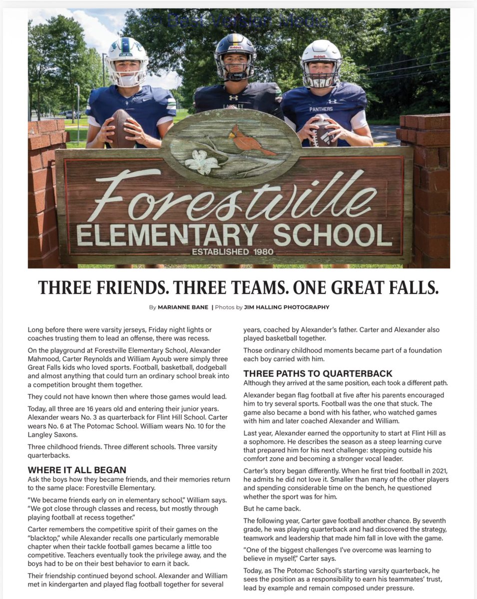 CarterRQB's tweet photo. Proud to be featured in Great Falls Living. From Forestville recess football to starting varsity quarterback at The Potomac School. The journey is just getting started. 🏈

#ClassOf2028 #QB https://t.co/MbW45wu4p7