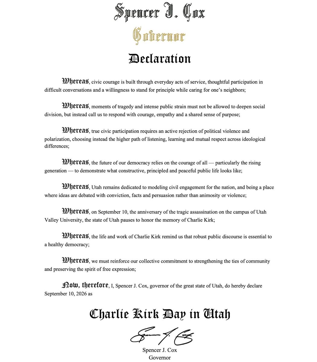pubity's tweet photo. Utah governor Spencer Cox has declared September 10 will now be 'Charlie Kirk Day', an official state holiday in Utah. https://t.co/6zOoBWj7Vp