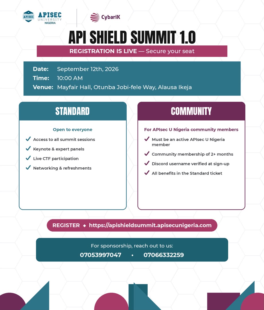 APIsecUNigeria's tweet photo. π‘οΈ1 DAY TO GO
API Shield Summit 1.0.
September 12th, 10:00 AM
Mayfair Hall, Alausa Ikeja.
See you there.
#APIShieldSummit #APIsecUNija #CybariK https://t.co/3LUxuAXppv