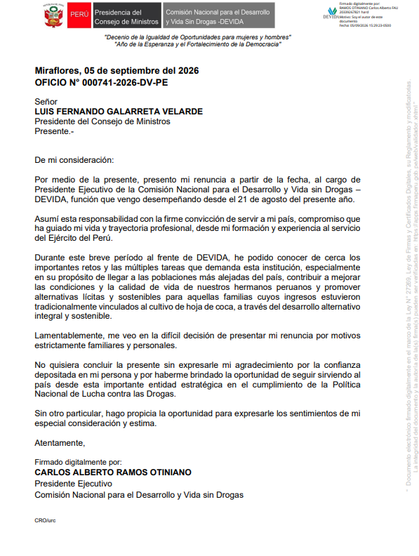 Ojo_Publico's tweet photo. 📍Quince días después de ser designado presidente ejecutivo de @DEVIDAPERU por el Gobierno de Fujimori, Carlos Ramos presentó su renuncia al cargo. En el oficio del 5 de setiembre, dirigido a Luis Galarreta, adujo motivos familiares y personales. Su salida aún no se oficializa.🧵 https://t.co/K2o3koNm4R