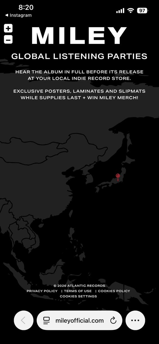 miley_osana's tweet photo. ほんでまた日本だけポツンとマークついててなんて喜ばしい。
マイリーの日本愛を感じる。
いつか必ず日本でも歌う姿が見れるといいな。

@miley 
Thank you for choosing Japan for this listening party🇯🇵♡
I hope that one day we’ll get to see Miley perform in Japan, too. 💖 https://t.co/Z7UB7pMY54