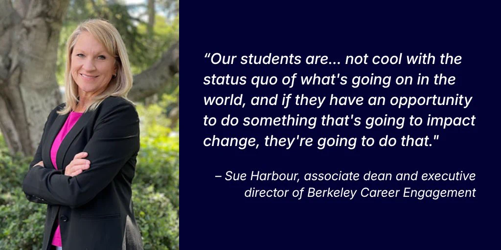 A photo of UC Berkeley associate dean and executive director of Berkeley Career Engagement Sue Harbour sits on the left with her quote featured on the right in white text over a dark blue background. 

The quote reads: “Our students are... not cool with the status quo of what's going on in the world, and if they have an opportunity to do something that's going to impact change, they're going to do that."