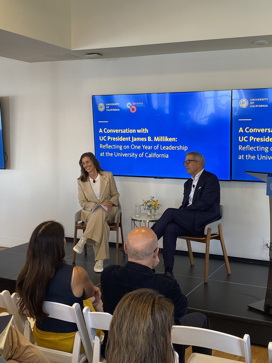BayAreaCouncil's tweet photo. Honored to welcome @UofCalifornia @ucprez James Milliken for a conversation with @LibbySchaaf reflecting on his first year at the helm of the world’s greatest public university system and an unparalleled engine of research, innovation and economic opportunity https://t.co/udcxU9UfnY