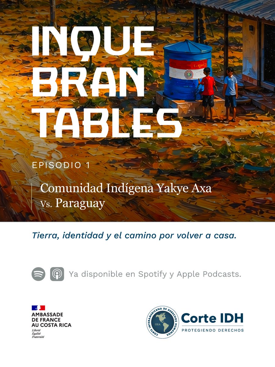 CorteIDH's tweet photo. 🎧 Hay historias que trascienden una sentencia y continúan transformando la protección de nuestros derechos.

Este 10 de septiembre, la Corte Interamericana de Derechos Humanos presenta Inquebrantables, un podcast que reconstruye las historias de personas, familias y comunidades que acudieron al Sistema Interamericano en busca de justicia. En cada episodio conocerás qué ocurrió, el camino que recorrieron y cómo estos casos contribuyeron a fortalecer la protección de los derechos humanos en la región.

El primer episodio, ya disponible, presenta la historia de la Comunidad Indígena Yakye Axa y su prolongado camino para regresar a sus tierras ancestrales. Su búsqueda de justicia llegó hasta la Corte Interamericana y fortaleció la protección del derecho de los pueblos indígenas a sus territorios.

Conoce una historia marcada por la tierra, la identidad y la determinación de volver a casa. Escucha el episodio en Spotify: https://t.co/LxFlniZwAC , Apple Podcasts: https://t.co/W4oeWhpHWH o mediante los enlaces disponibles en nuestra biografía. Nuevos episodios el día 10 de cada mes.

La Corte IDH agradece el apoyo de la Embajada de Francia en Costa Rica (@FranceCR), el cual fue esencial para la producción de este podcast. Este podcast es una producción de Sillón Estudios.

#Inquebrantables #CorteIDH #DerechosHumanos #PueblosIndígenas #Podcast
