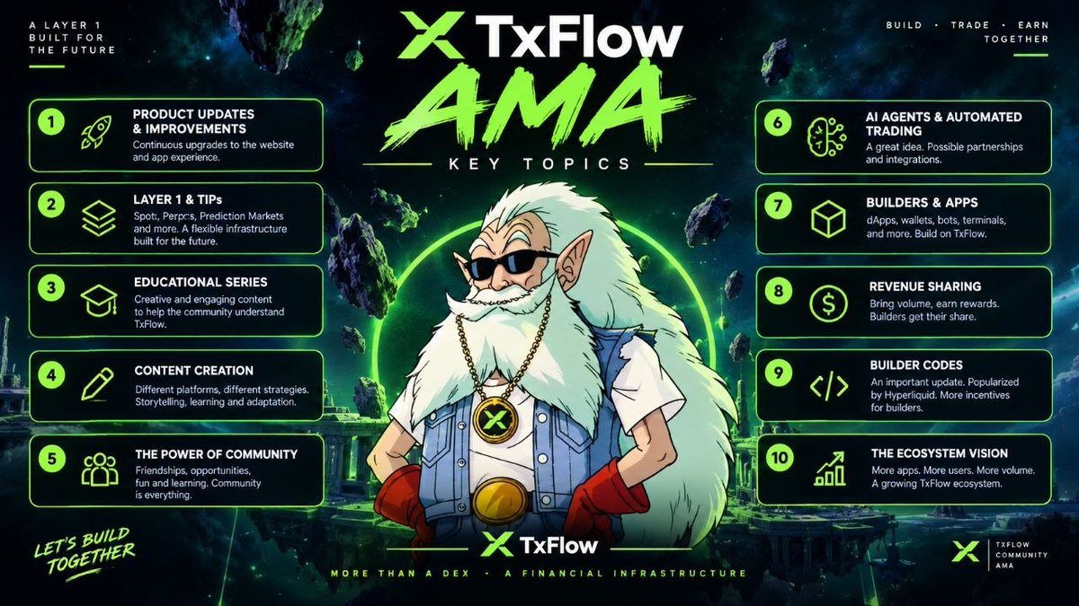 diaserdropes's tweet photo. Good evening to the entire @TxFlow_L1 family!
🚨 We held our AMA on Discord today, and I’m here to share all the key points covered by our friend @kaisrr3a , as well as the questions he answered.
Let’s get into it! 🚨
1⃣- TxFlow is evolving its product;
The website and app continue to receive updates and improvements.
2⃣- The Layer 1 is built to evolve;
TIPs allow for structuring various use cases, starting with Spot, Perps, and Prediction Markets.
3⃣- New TIPs may emerge;
The infrastructure was designed
4⃣- Builders will play a key role;
TxFlow aims to enable developers to build applications on top of its infrastructure.
5⃣- Builder Codes can create economic incentives; Application-driven volume can generate revenue sharing for builders.
6⃣- AI could be part of the ecosystem;
The potential for AI agents and automated trading was viewed positively.
7⃣- Community is a pillar;
The team considers the community a vital part of the product.
8⃣- Creators are also important;
TxFlow plans to expand its work with creators across videos, articles, and other formats.
9⃣- Education will be strengthened;
An upcoming educational series aims to better explain TxFlow's infrastructure.
🔟- The vision is to create an ecosystem;
TxFlow does not want to be limited to a single trading interface.
The vision presented encompasses Layer 1 + liquidity + applications + builders + users + volume + revenue sharing.
-----------------------------------------
🔥 My take on the AMA
The most strategic point of this AMA wasn't a specific new feature, but rather TxFlow's long-term vision.
The narrative presented went something like this:
TxFlow Layer 1
⬇️
Financial infrastructure
⬇️
TIPs / various markets
⬇️
Builders
⬇️
dApps / Bots / AI / Wallets / Terminals
⬇️
New users
⬇️
Increased volume
⬇️
Revenue sharing
⬇️
Greater incentives for builders
⬇️
🔄 Growing TxFlow ecosystem
And this is likely the most valuable angle to explore in future content about TxFlow:
Presenting the project not just as another Perp DEX, but explaining the thesis of a Layer 1 infrastructure upon which other financial applications can be built.