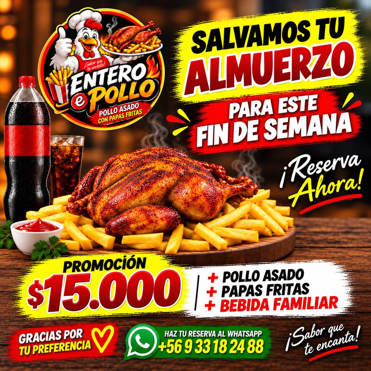ebullient_opler's tweet photo. ¡Salvamos tu almuerzo para este fin de semana! 

En Entero Pollo mantenemos nuestra increíble promoción:

✅ Pollo asado
✅ Papas fritas
✅ Bebida familiar

Todo por solo $15.000

Reserva con anticipación y asegúrate de tener la tuya. https://t.co/ff7iwX98cE