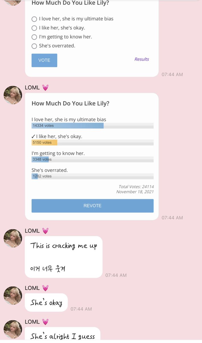 500woni's tweet photo. LILY VOTED IN HER OWN KPROFILES POLL 😭😭😭😭 https://t.co/ufhqOuTxPe