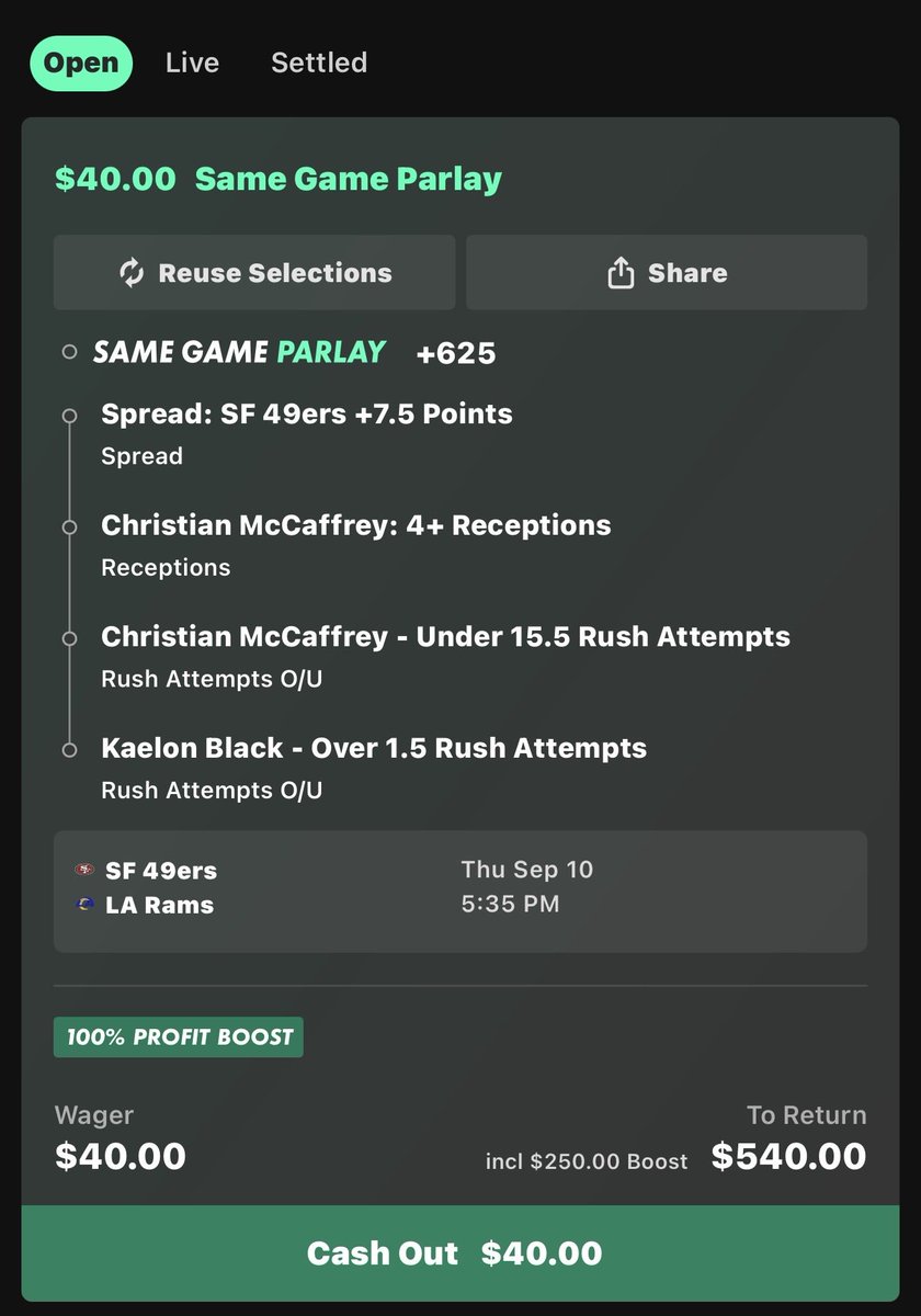 BuzzedBetz's tweet photo. 🚨 BUZZEDBETZ MELBOURNE SGP 🇦🇺🐝

The NFL is in Melbourne and I’m taking a shot at +625.

My entire bet is built around one game script:

The 49ers keep CMC involved, but manage his workload on the ground and give rookie Kaelon Black some opportunities. https://t.co/gmSrgY8G7o