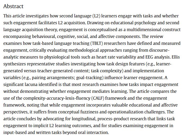 RMALJournal's tweet photo. New article: 
Ellis, R. (2026). Investigating L2 learners’ engagement with tasks. Research Methods in Applied Linguistics, 5(3), 100365: https://t.co/7mQ9ZfGClH https://t.co/FT3jojkshN