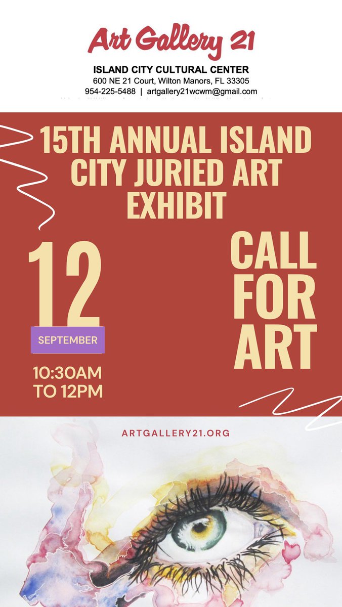 ArtGallery211's tweet photo. Calling all South Florida Artists!! Art Gallery 21 is hosting a CALL FOR ART THIS Saturday, Sept. 12th 10:30am - 12pm for the 15th Annual Island City Juried Art Exhibit: https://t.co/xpKFxAsY8a https://t.co/Tlp2G0bBl7
