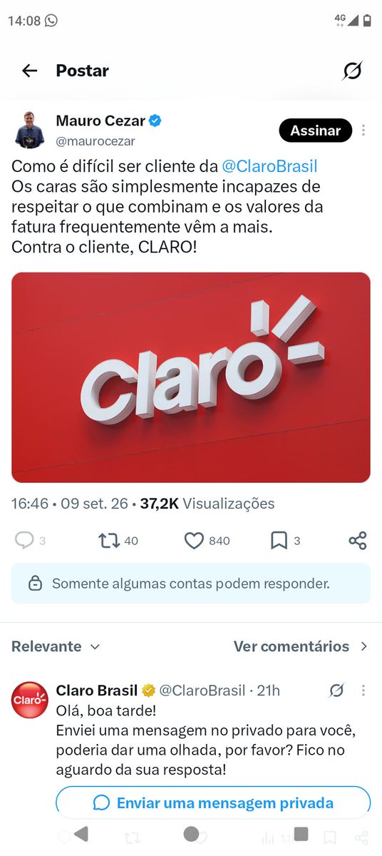 gustavolobocf's tweet photo. @ClaroBrasil @maurocezar  @GiovannaPeruzz3 Claro só me respondeu por causa da mensagem do nobre Mauro , que tem o mesmo problema que o meu ou vive e versa, minha fatura vence hoje, estou desde julho, julhoo tentando retorno...valor errado e, silêncio. https://t.co/VrwjmxuQ5S