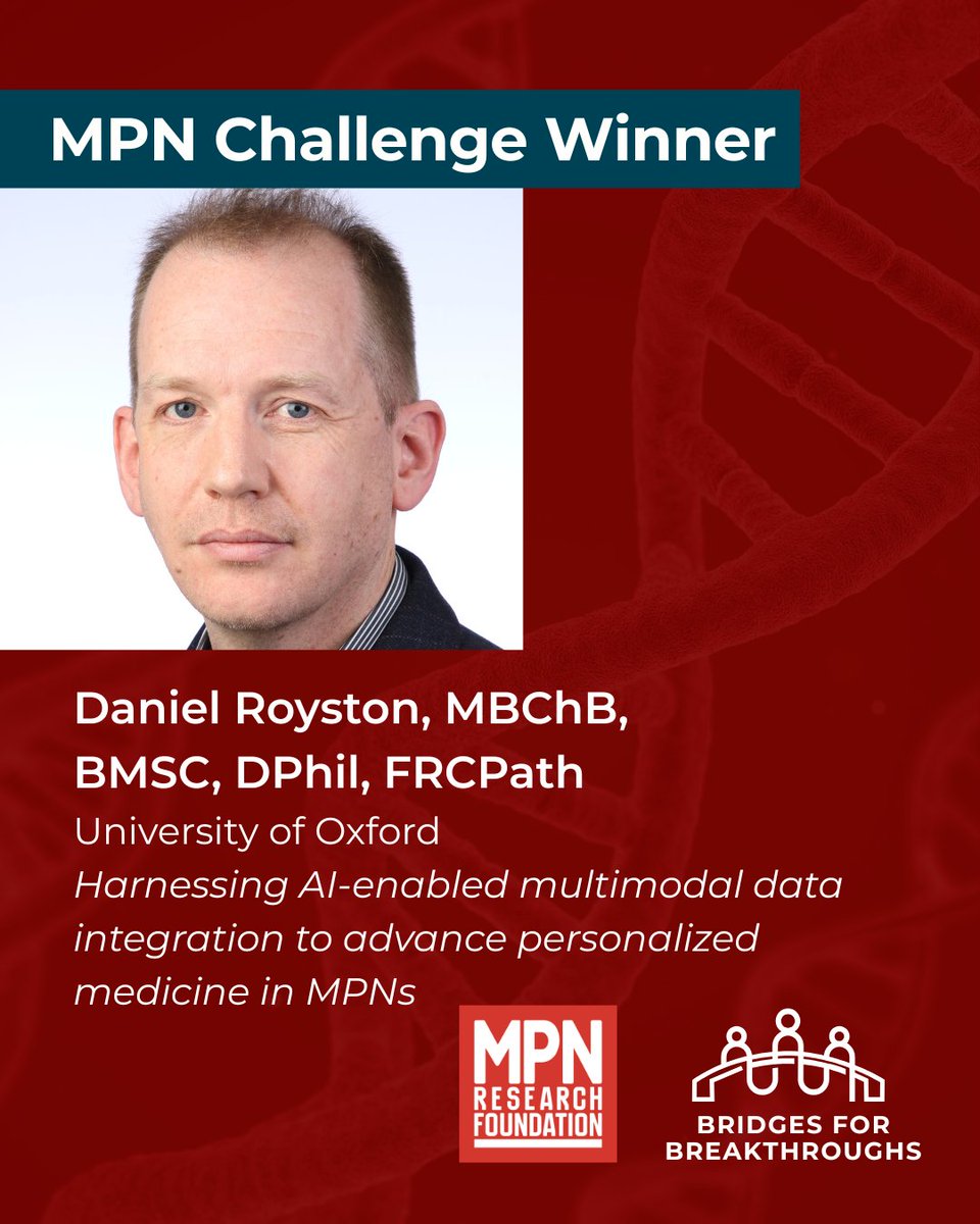 MPN_RF's tweet photo. (4/4) 

Their projects tackle major challenges in MPN research through disease biology, therapeutic discovery, translational science, biomarkers, and artificial intelligence. 

Explore the projects and their potential patient impact: 
https://t.co/xe3uzW8ILV https://t.co/vVkv1BSDPX