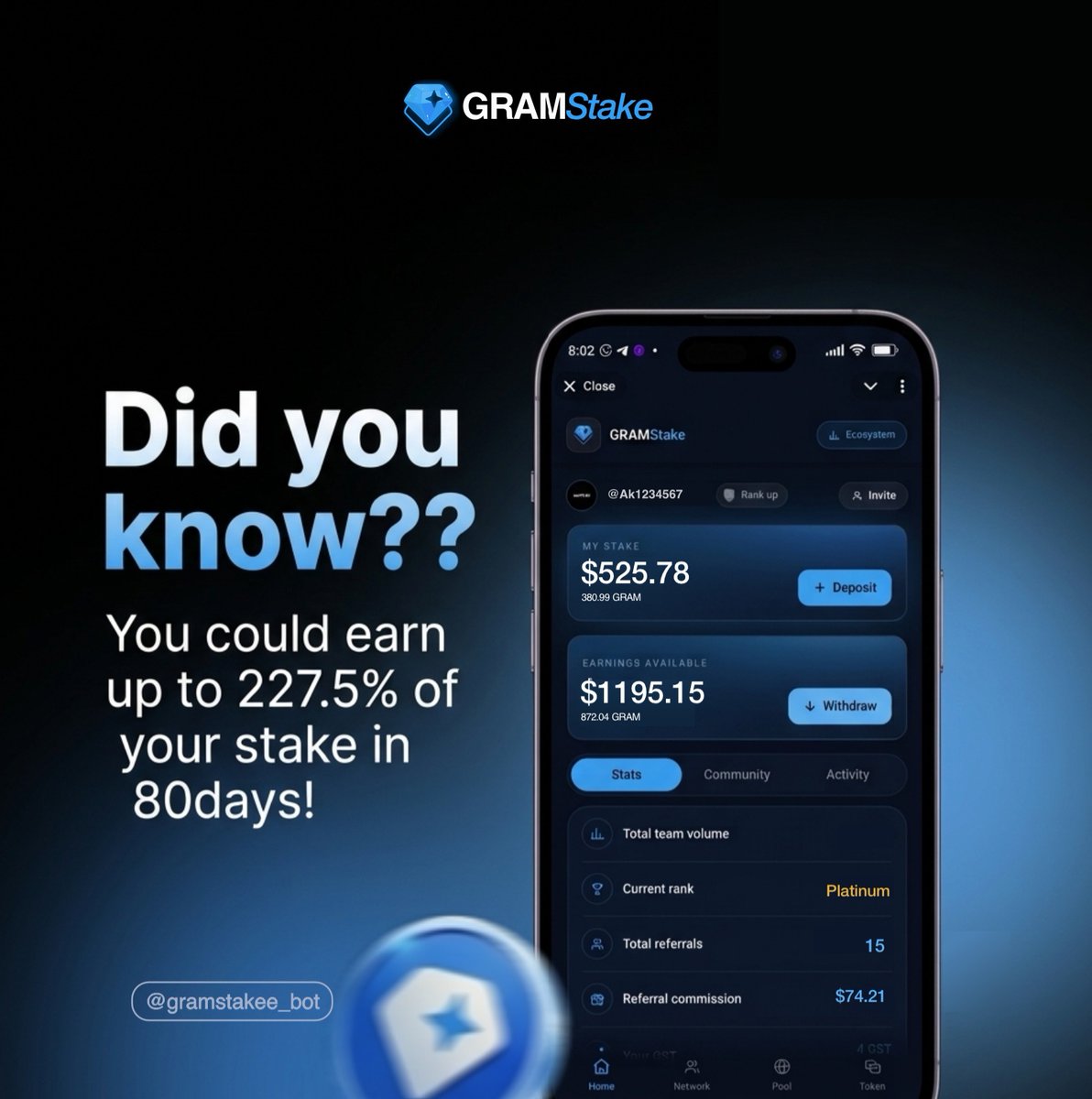 gram_stake's tweet photo. 💎 Did you know?

GRAMStake’s staking model offers up to 227.5% of your stake in 80 days, according to the platform’s stated yield structure.

Stake the-open-network:native. Track your earnings. Grow with GRAMStake.

👉  https://t.co/fy4IOIzTXs

#GRAMStake #GRAM #Staking https://t.co/Af9hqaqsM8