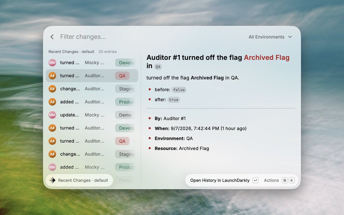 luarmr's tweet photo. Updated the #Launchdarkly extension for #raycast
You can see the historical changes to a feature flag.
Now also in windows :) https://t.co/80Fy73rhj1