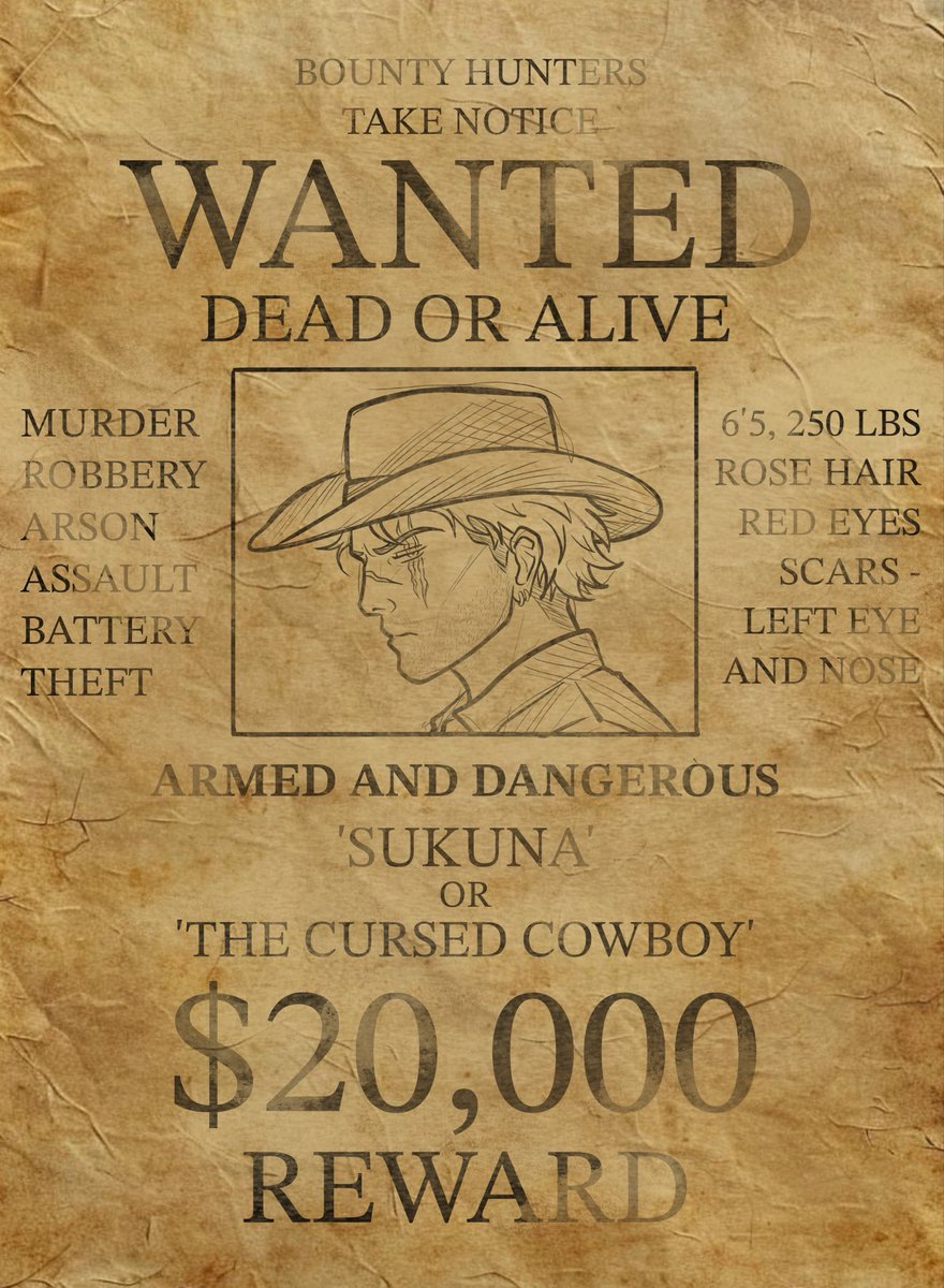 bugkuna's tweet photo. DEAD OR ALIVE - A Wild-West #SukuGo AU

Gojo is a bounty hunter after his payday. Sukuna is an outlaw with an absurd dollar amount on his head. Neither of them have any intention of going down easy.

Roleplay Adaptation w/ @thiccillumi 

~ Details Below ~ https://t.co/xJLZz5anU3