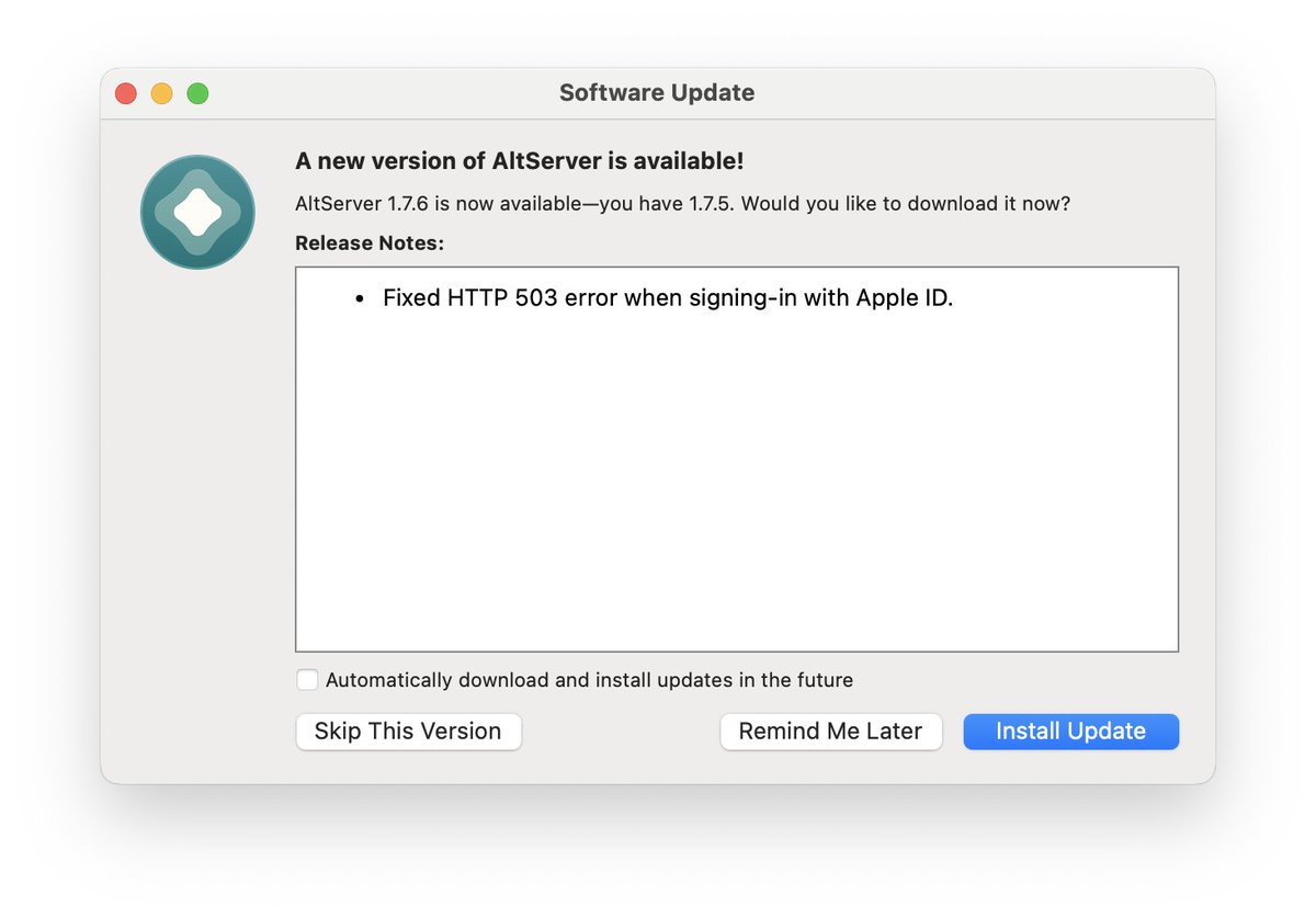AltServer macOS 1.7.6 Release Notes: Fixed HTTP 503 error when signing-in with Apple ID.