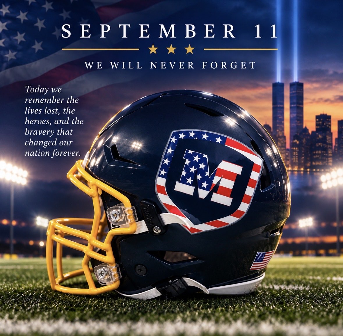 BigMoBarrett's tweet photo. 🇺🇸 WE WILL NEVER FORGET. 🇺🇸

This Friday night, our Moeller Football players will wear special helmet decals honoring the lives lost on September 11, 2001.

More than a decal, it is a reminder of the nearly 3,000 innocent lives taken, the heroes who ran toward danger, the families forever changed, and the courage and unity that followed.

As our Men of Moeller take the field under the Friday night lights, they will carry a simple message with them:

REMEMBER. HONOR. NEVER FORGET.