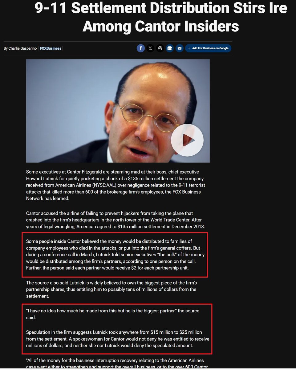 FinanceLancelot's tweet photo. On September 11th, 2001, both Howard Lutnick and Lucky Larry (Larry Silverstein) just happened to skip work that day from their jobs at the twin towers.

Larry Silverstein had just signed a 99-year lease for the World Trade Center complex on July 24, 2001 for $3.2 billion.

Immediately after signing the lease, Larry took out terrorism insurance on both towers and building 7, valued at $6.2 billion.

Ultimately he was awarded $4.55 billion, a $1.3 billion profit.

There were only 3 buildings destroyed on 9/11, and Lucky Larry leased all of them.
https://t.co/mUlgyOzskS
https://t.co/YkoWiPeY7k