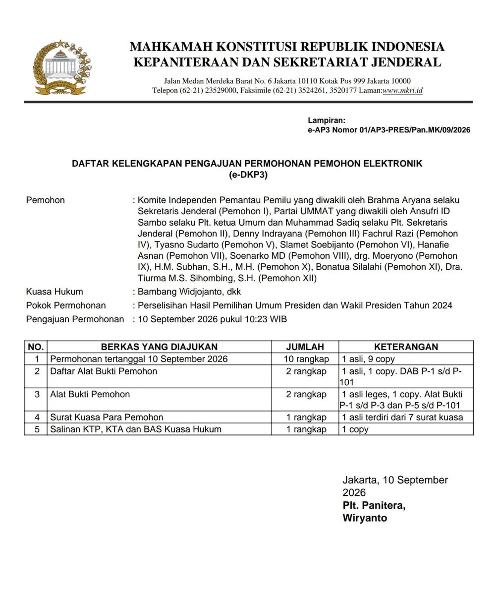 dennyindrayana's tweet photo. Bukti Permohonan DISKUALIFIKASI GIBRAN sudah terdaftar di Mahkamah Konstitusi. https://t.co/kEpOQzokPJ