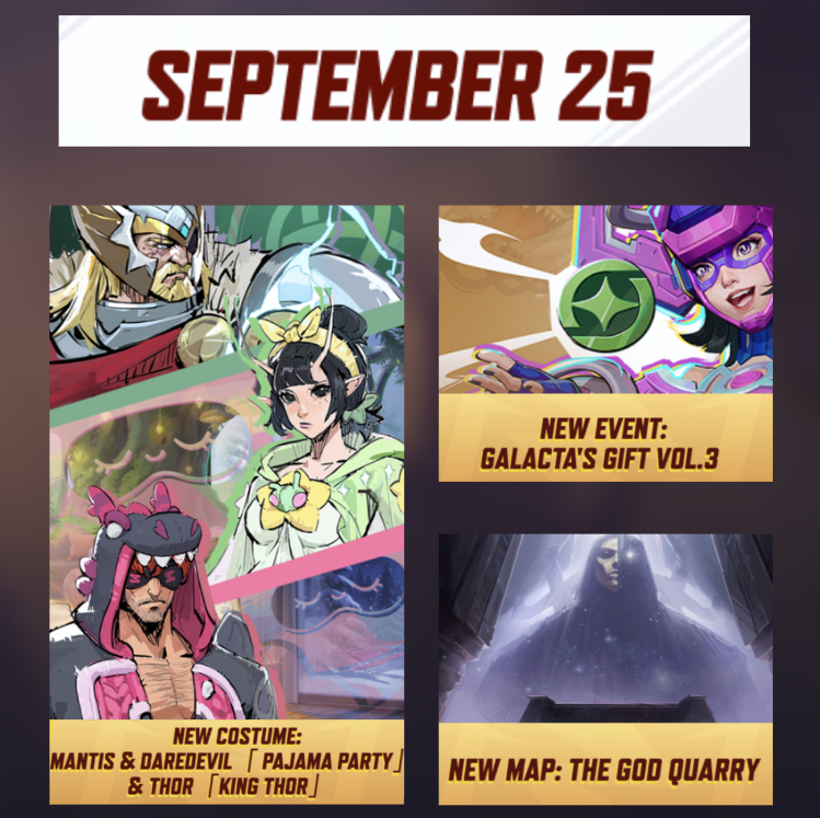 RivalsInfo's tweet photo. ‼ EVERYTHING ARRIVING THIS WEEK

- Mantis &amp; Daredevil [Pajama Party] skins
- Thor [King Thor] skin
- New Event: Galactas Gift Vol.3 (Refreshed Costume Coin Shop)
- New Map: The God Quarry (Domination)

#MarvelRivals https://t.co/xlGGSBob1o