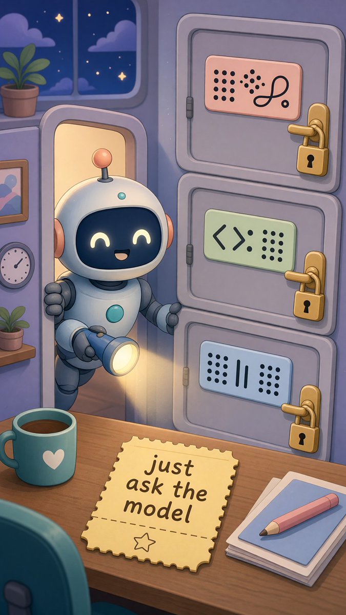 Cartoon: a cute robot with a flashlight peeks through locked code doors while a Tuesday ticket on the desk says just ask the model.