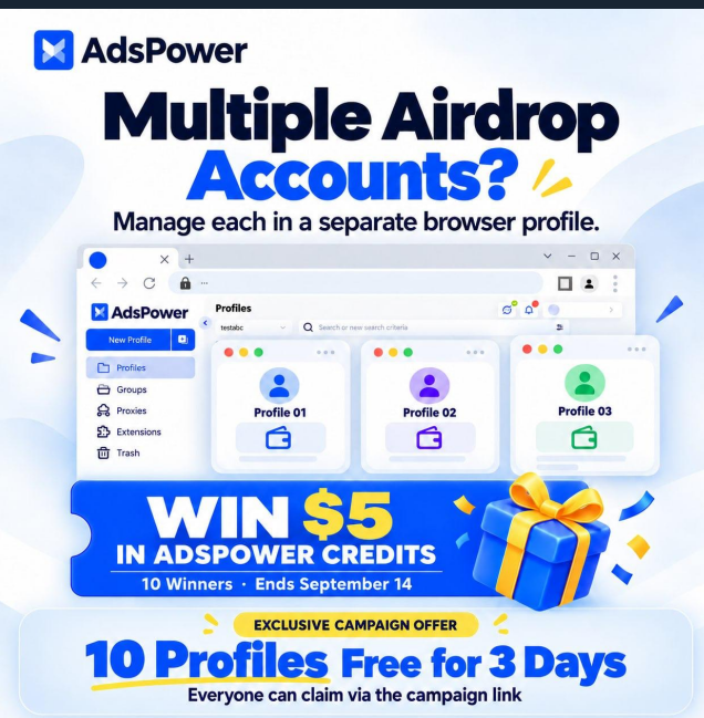 Nittarosp's tweet photo. Giveaway: AdsPower Browser

Managing multiple accounts and wallets for airdrops?
AdsPower lets you keep them in separate profiles, reducing linking and ban risks while staying organized. https://t.co/Eufgv43egn