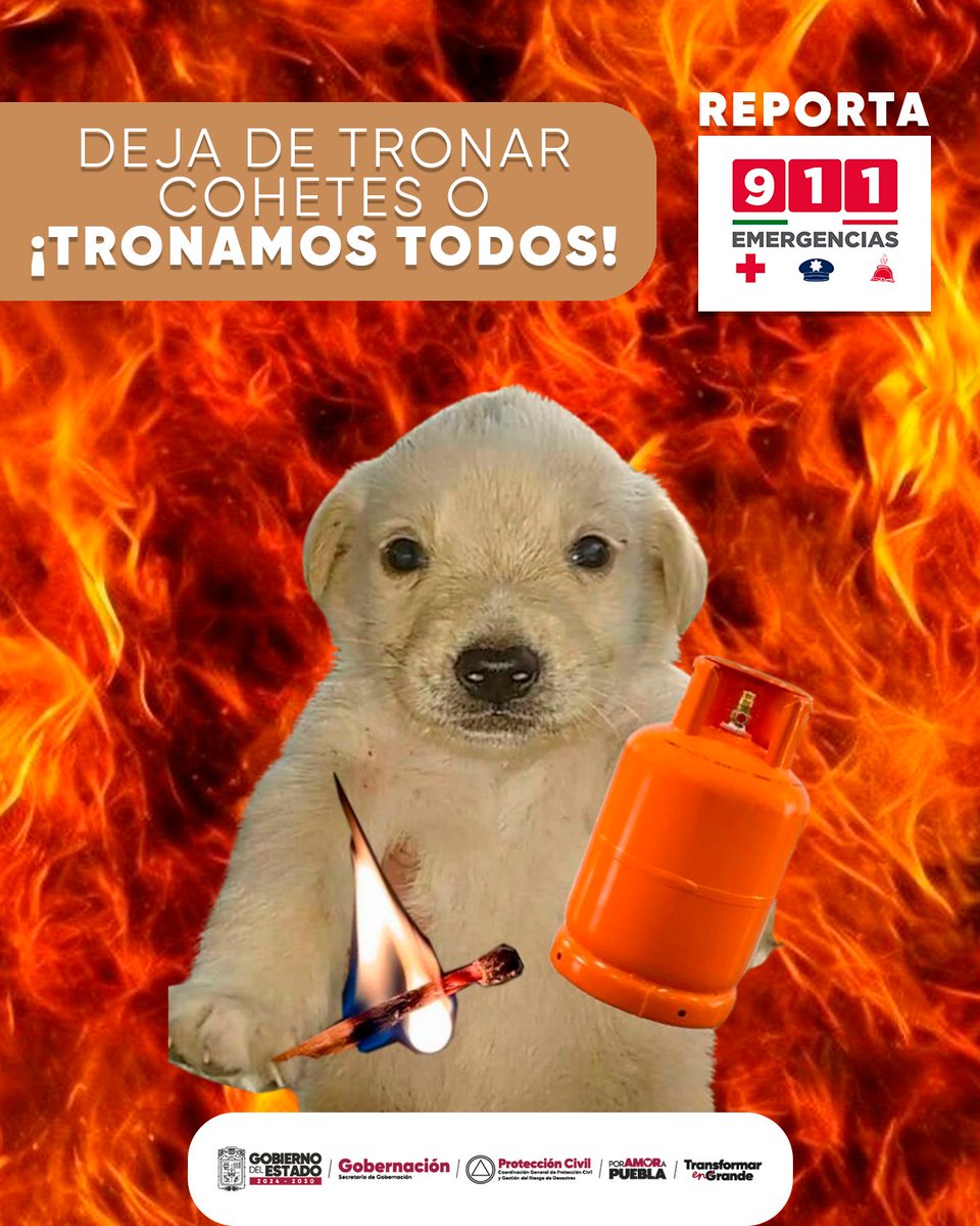 PCGobPue's tweet photo. 🚫 La pirotecnia no es un juego. Protege tu vida y la de los demás.  
📞 El @Gob_Puebla pone a tu disposición el número de emergencias 9-1-1. Reporta.

#PorAmorAPuebla https://t.co/T7rA1Jd673