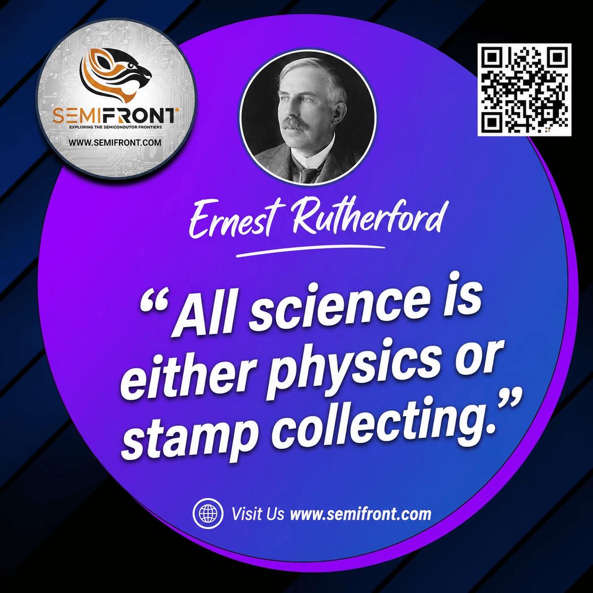 SemifrontTech's tweet photo. "All science is either physics or stamp collecting." - Ernest Rutherford. Physics powers every chip we build. Apply -> https://t.co/gqGZFLXRST #Semiconductors #VLSI #ChipDesign #Physics #Semifront https://t.co/dIXRZl4gEk