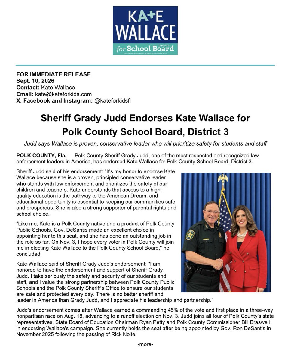 KateforKidsFL's tweet photo. 🚨 ENDORSEMENT ALERT 🚨 
Sheriff Grady Judd (@PolkCoSheriff) has endorsed Kate Wallace for Polk County School Board! Judd says Wallace is proven, conservative leader who will prioritize safety for students and staff. Join Sheriff Judd in supporting Kate at https://t.co/1ATafIeJCD. 

More info in release ⬇️ #kateforkids #FlaPol