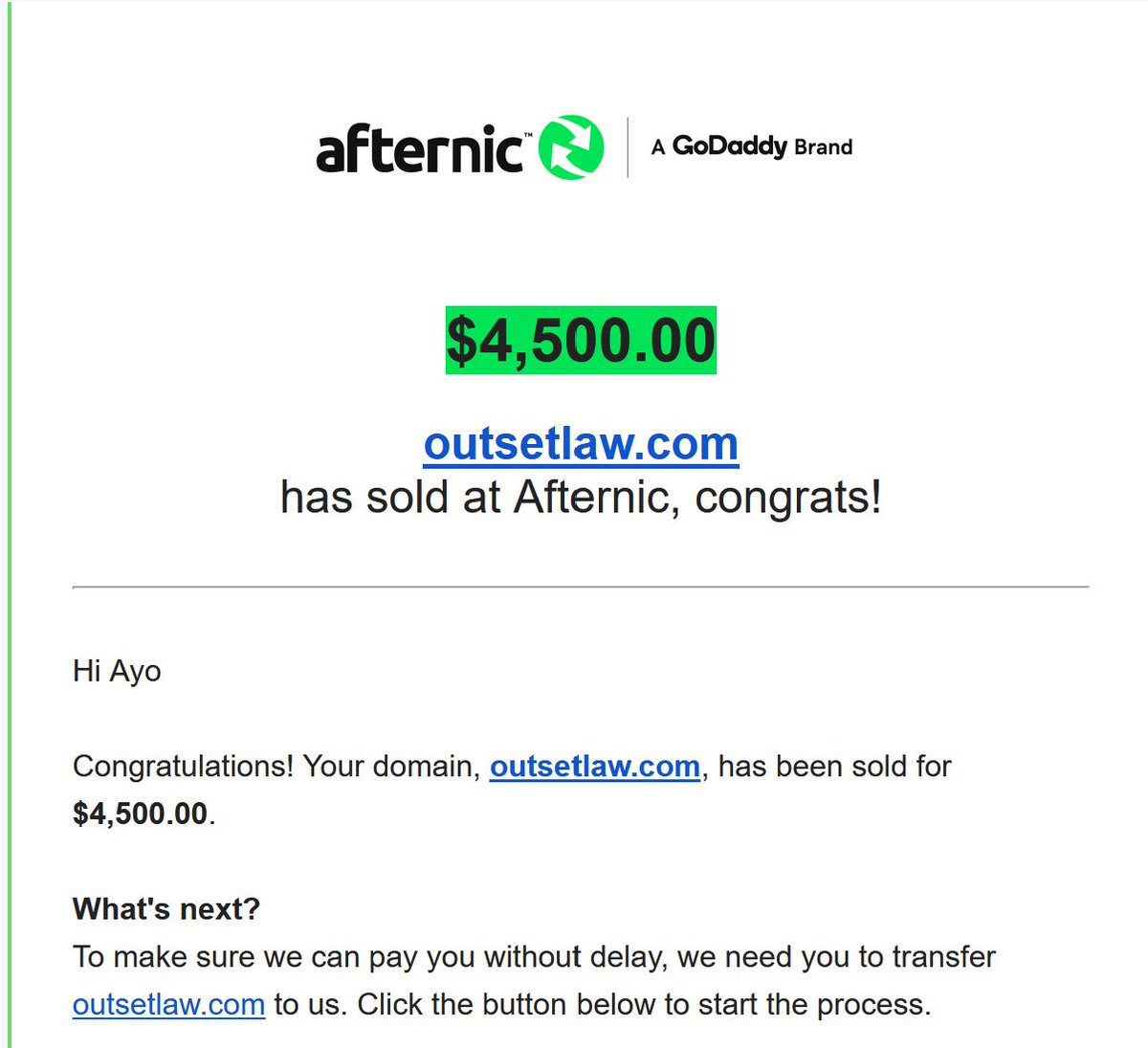 Stevenbergy's tweet photo. In my last sale report, I mentioned that I get sales whenever I reduce the prices on my domains. Well, that's still the case here. This domain was listed for high XXXX, but I slashed it to $4999. About one week ago, the buyer reached out via an @afternic Broker with a $3750 offer. I countered with $ 4750, but set the floor at $ 4500. Finally sold for $4500!!! 😍

There you have it, my biggest sale so far in this game. My first sale only happened in March 2026, and it's the 4th one already, all for XXXX.... I'm thrilled and grateful! On to the next one!!! #ShareASale #GetASale #DomainNames #Domain 

Name: Outset/Law (.com)
Sale Price: $4500
Sale Venue: Afternic
Purchase Price: $5 on DreamHost
Hold Time: 10 months
Sale Type: Inbound/Make Offer