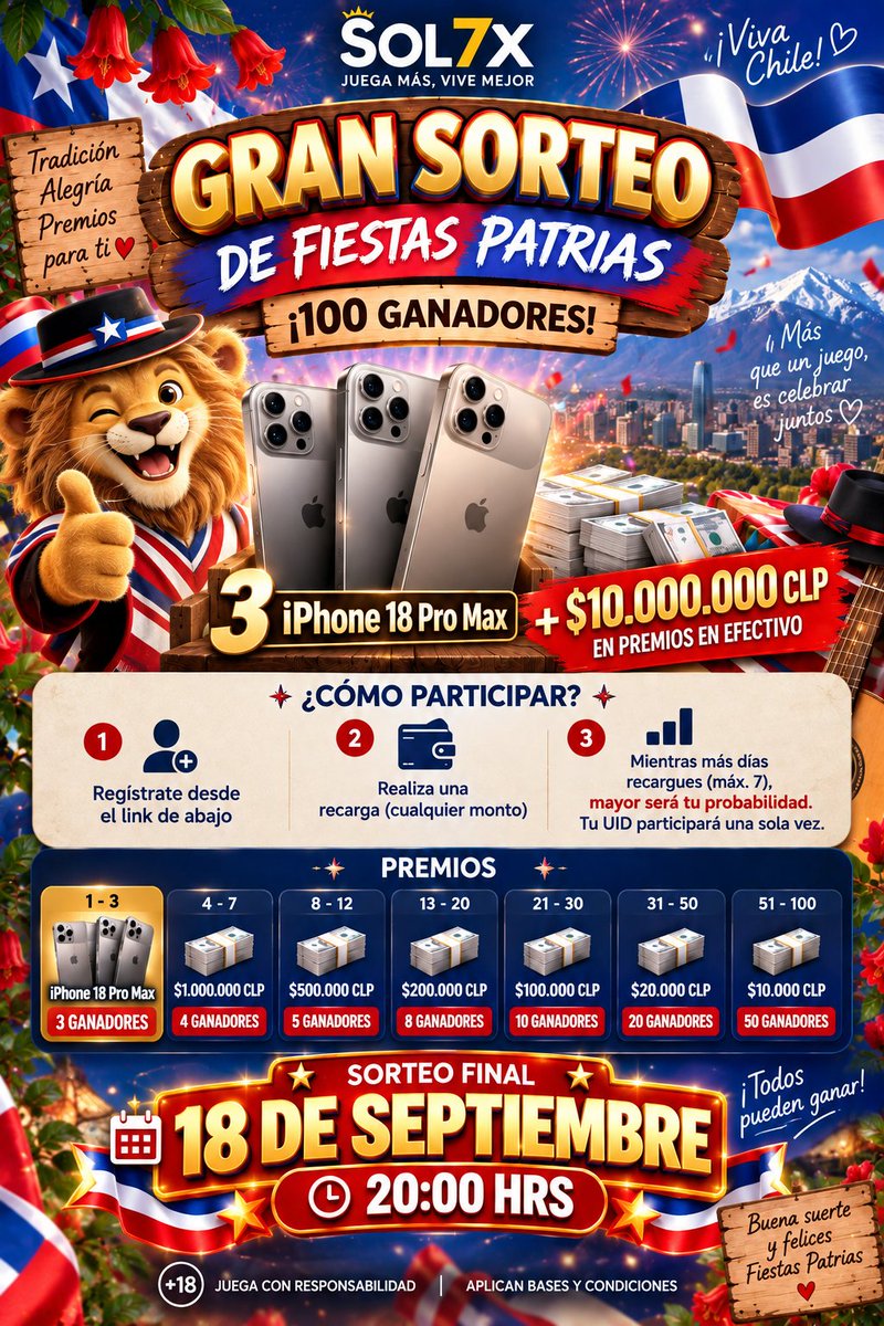 Sol7xcl's tweet photo. 🇨🇱🎉 ¡Ya comenzó nuestra celebración de Fiestas Patrias!
🔥 ¡Súmate al canal público y participa!
🎁 Grandes premios te están esperando.
https://t.co/2jwNCcPogn
#FiestasPatrias #18DeSeptiembre #Chile #Sorteo #Premios #VivaChile https://t.co/Qlo7oQQmgy
