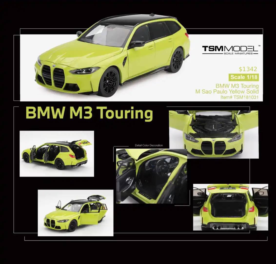 SaradoSp1's tweet photo. TSM 1/18 BMW M3 Touring M Sao Paulo Yellow預訂。少有全開Wagon車款，M3/M4世代代表色之一。$1342，會員九折。8月26日17:00截單，預計2027年第一季出貨。 https://t.co/1qSvkArMJX