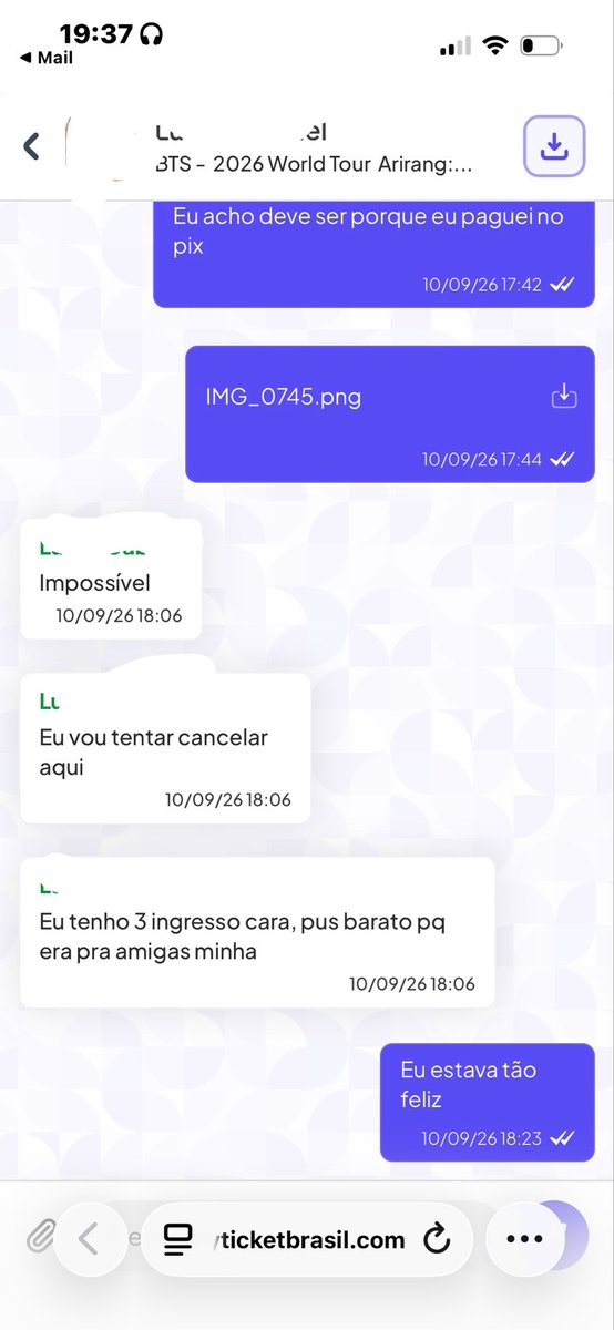 PollyC55195's tweet photo. @Thatasoares22 @BotDeIngresso2 Eu tinha conseguido 😭 paguei tudo, já tinha até confirmado a compra, mas o vendedor cancelou 😭😭 https://t.co/08U2JaMPUu