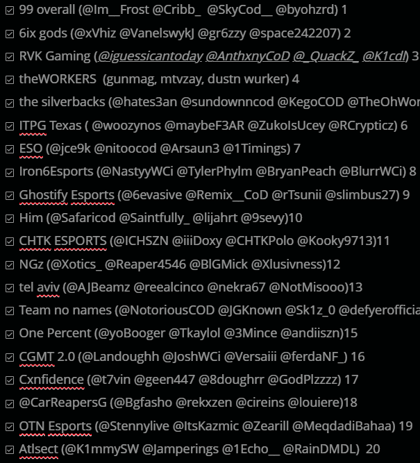 zbutzy's tweet photo. 26 teams, here's the first 20. https://t.co/yxqxm1as4b
