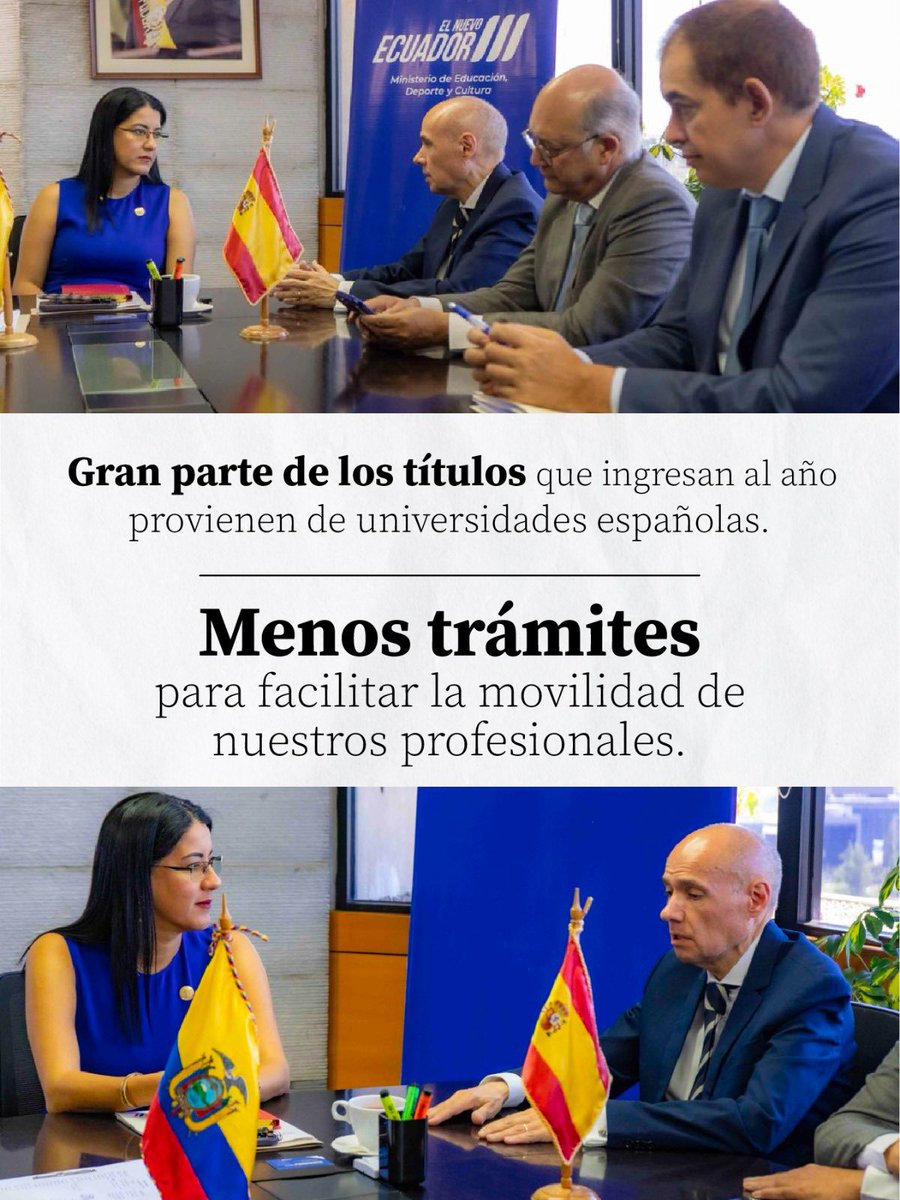 Educacion_Ec's tweet photo. 🇪🇨🤝🇪🇸 La ministra @GildaAlcivarOk mantuvo una reunión con Francisco García Pascual, secretario General de Universidades de España, con el objetivo de ratificar el interés de suscribir el Acuerdo de Reconocimiento Mutuo Académico y Profesional de Títulos de Educación Superior.

💡 ¿Qué busca esta alianza? 
Que los títulos de educación superior obtenidos en Ecuador y España puedan ser reconocidos de manera más ágil, bajo criterios de reciprocidad, calidad y rigor académico.

✔️En Ecuador: títulos españoles oficiales de Grado, Máster Universitario y Doctorado.
✔️En España: títulos ecuatorianos de educación superior expedidos por instituciones acreditadas.

El reconocimiento será automático para las titulaciones comprendidas en el Acuerdo.

En este encuentro también participaron Enrique Yturriaga, embajador de España en Ecuador; y, Luis Hernández, subdirector General de la Oficina Nacional de Reconocimiento Académico y Profesional de Títulos Universitarios de España.