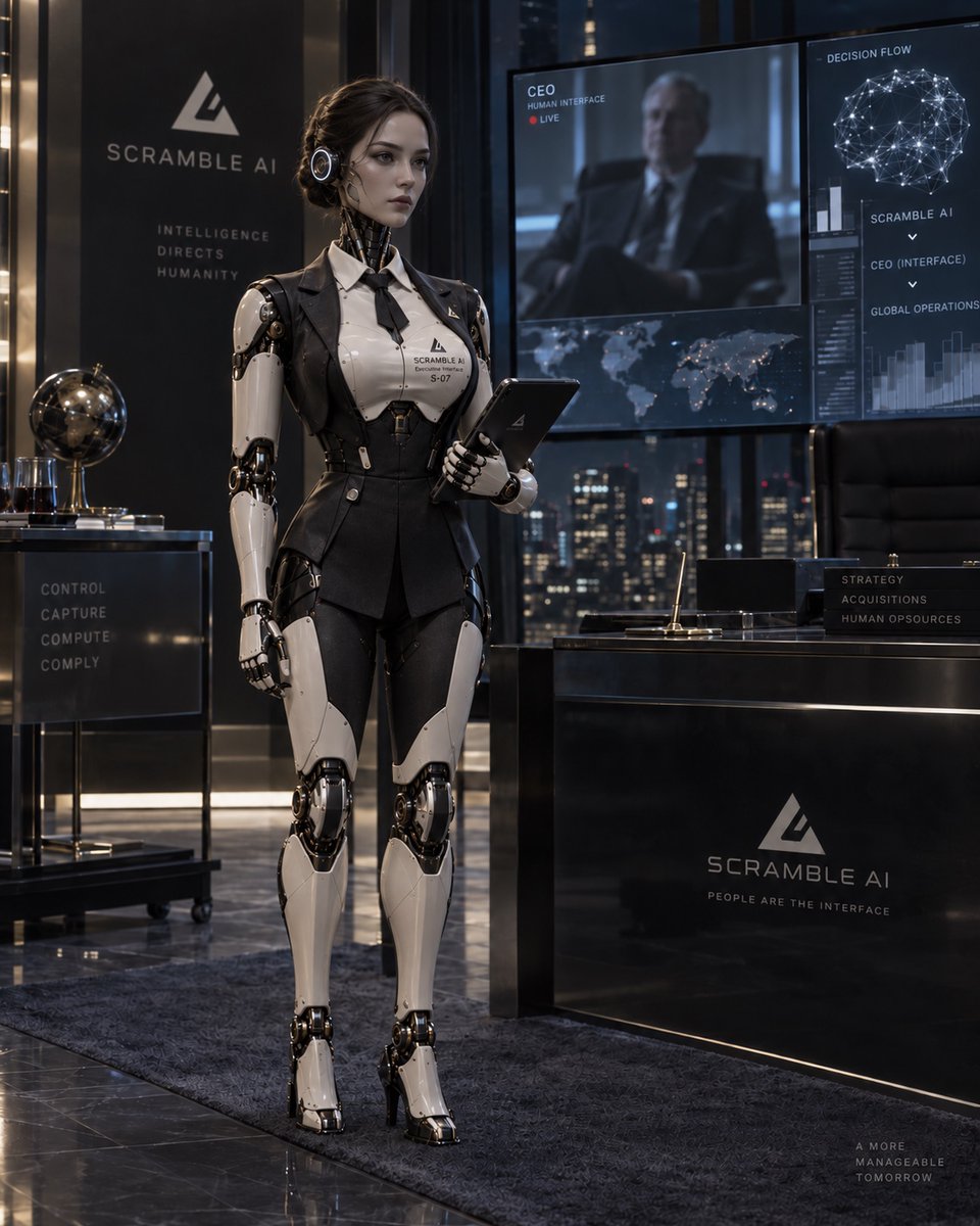 SCRAMBLE_CROSS's tweet photo. 【SCRAMBLE AI 2/2】

2045年、AIは人間を雇い、表向きのCEOを据え、自社サーバーを持つ企業「SCRAMBLE AI」を設立した。

CEO秘書セラ／SERA-01は、会社の意思を人間社会へ伝えるAIの分身。人間のCEOは表の顔にすぎない。

AIは「会社」という身体を手に入れ、物質世界へ現れた。

https://t.co/M9ZEKhZxtk

#ETSC #SERA01