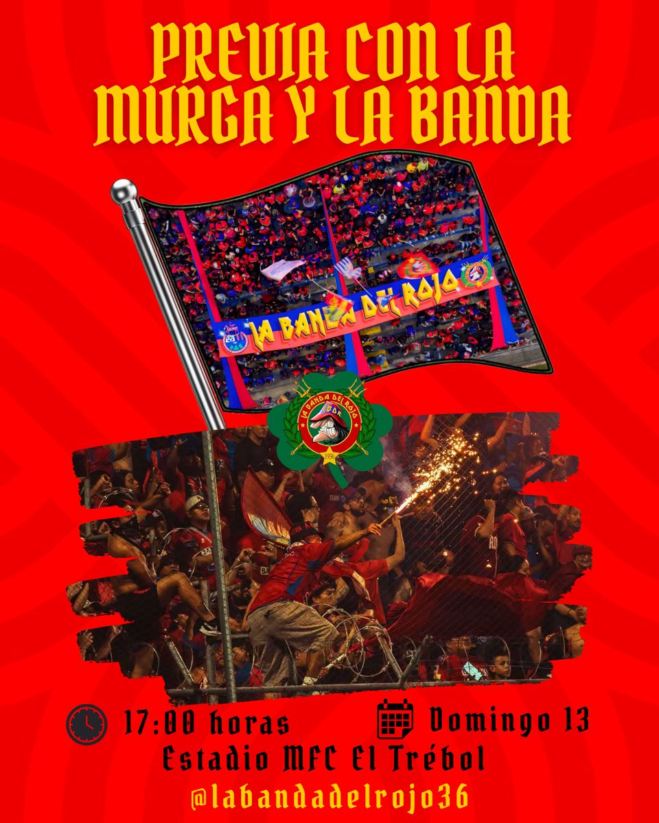 LaBandaDelRojo_'s tweet photo. ¡PREVIA! 👹🚩
Con la murga y con la banda, este fin de semana nos vemos en las afueras del estadio El Trébol a partir de las 17 horas para vivir la previa como se debe. Lleva humo, ametralladoras, bombas y toda la pasión por el ROJO. 🔴🔵
#LaBandaDelRojo
#SomosGuatemala https://t.co/bfOIBWufOa
