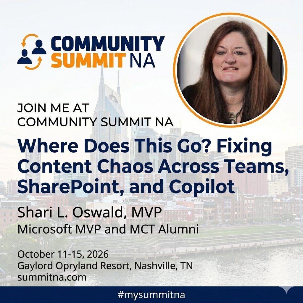 PowerupTips's tweet photo. Where does this file go? If your team is still guessing the answer is costing you. Join me Oct 11-15 at @D365Communities for a clear framework that fixes content chaos and makes #Copilot smarter. #SharePoint #MicrosoftTeams #OneDrive #Microsoft365 https://t.co/HyXkKVMGrD