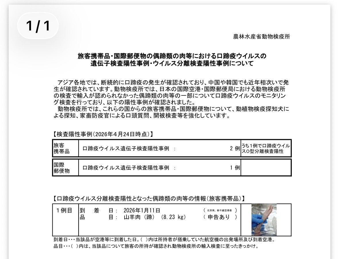 Parsonalsecret's tweet photo. 大事な点が漏れている。

新千歳で確認されたが来たのは中国から。

中国は悪性伝染病を世界にばら撒いている。

> 到着日：2026年1月11日
北京発、新千歳空港着
品目：山羊肉（蹄）8.23kg
申告あり
口蹄疫ウイルスO型分離陽性 https://t.co/1aT6rdAIQX