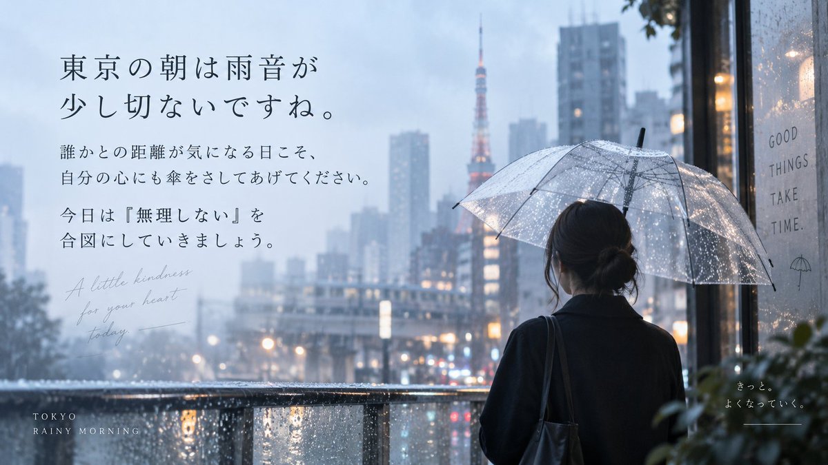 vera_aikoo's tweet photo. 東京の朝は雨音が少し切ないですね。誰かとの距離が気になる日こそ、自分の心にも傘をさしてあげてください。今日は「無理しない」を合図にしていきましょう。 https://t.co/3TBS9hGKgZ