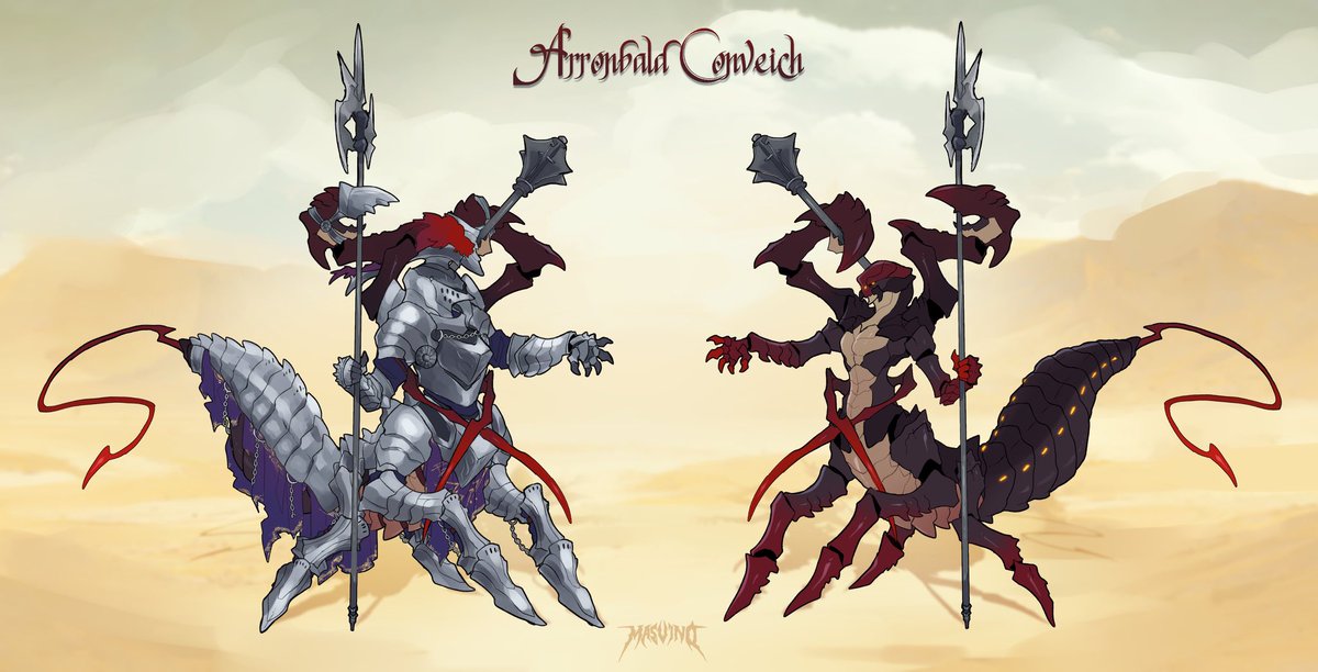 Fordexaia's tweet photo. Arronbald. A behemoth of a bug known as a Vinegaroon. He wields multiple weapons and arms at one time in a flurry of attacks. 

He stands nearly 3 times the size of most average bugs and destroys all major foes of the Desert nation.

Art by @masvlno https://t.co/we8FSFDZix