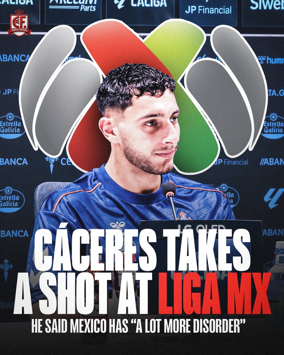 CharlaFtbl's tweet photo. 🇺🇾🔥 CÁCERES TAKES A SHOT AT LIGA MX

Sebastián Cáceres says there’s “much more disorder” in Mexico 🇲🇽👀

He believes Spanish football is more tactical and organized, while Liga MX is more open with faster transitions.

DO YOU AGREE WITH CÁCERES? 👀🔥 https://t.co/sJER9TbuFR