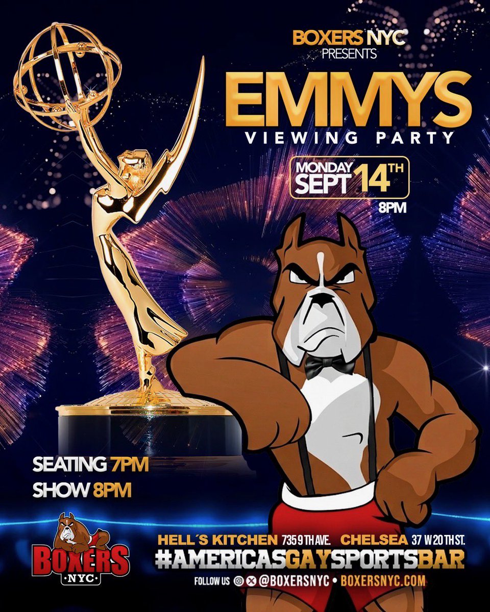 BoxersNYC's tweet photo. The 78th annual Emmy Awards 🏆 Viewing parties at both Boxers NYC locations! 
Monday, September 14th
Seating @ 7pm | Show @ 8pm

#emmys #viewingparty #gaybar #BoxersNYC https://t.co/wUhh27WYa3