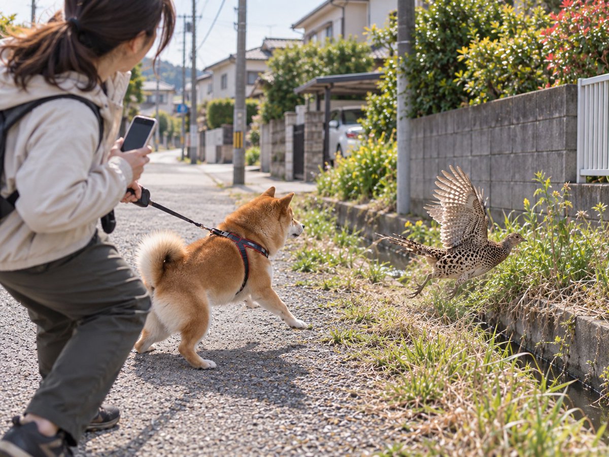 civic's tweet photo. 犬散歩してたら、メスのキジが意外と近くにいるのに気づいて、犬もキジも私もそんなに近くにいるの気づいてなくって一瞬だけハッと停止したけど、キジが高速歩行してからちょっと飛んで逃げていった。犬は逃げたキジに飛びかかろうとし、私は一番遅れてスマホのカメラを出そうとした。画像はAIです https://t.co/A3Xl0WMxk7