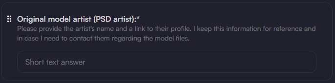 NuiPiku's tweet photo. Por si a alguien le sirve la idea yo agregué un campo en mi formulario de vgen para saber quién es el artista del modelo. Muchas veces el cliente no te da ese dato y creo que es muy útil poder contactar directamente al artista si se necesita aclarar algo sobre el arte o el PSD ♡ https://t.co/HiO3RJAUsm
