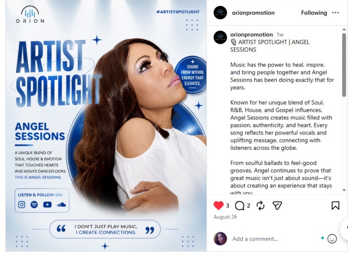 AngelSessions's tweet photo. I appreciate you so much, Orion Distribution, and your promotion for acknowledging me and writing this beautiful article about me on Instagram. @archodiahub @RodneyFCrews @TrendCityRadio 🩷 https://t.co/i9vsKoCCwF