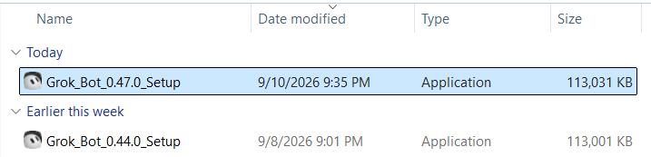 @​bot - Grok Bot updates are coming out at the Speed of Light! @​elonmusk. In 2 Days Grok Bot jumped from 0.44 to 0.47 version with little extra size of 30KB

@
